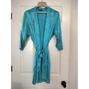 Vintage 90s Teale Embroidered  Toybo Pure Silk Robe Kimono Wrap Style Size M